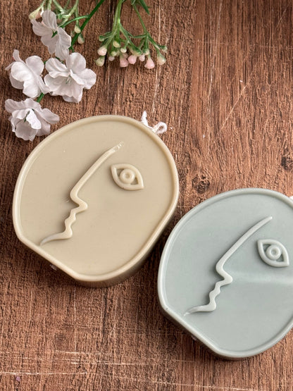 Dora Maar Abstract Face Handmade Pillar Jasmine Scented Light Grey Soy Candle