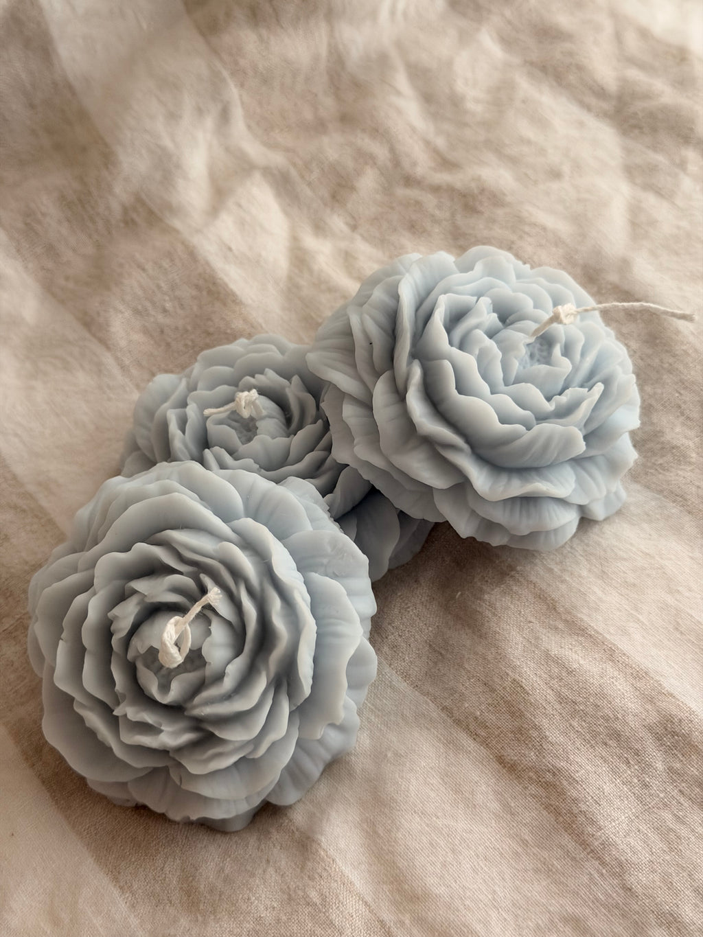 Peony Handmade Floral Soy Candle Light Blue Creamy Coconut & Eucalyptus Scented.
