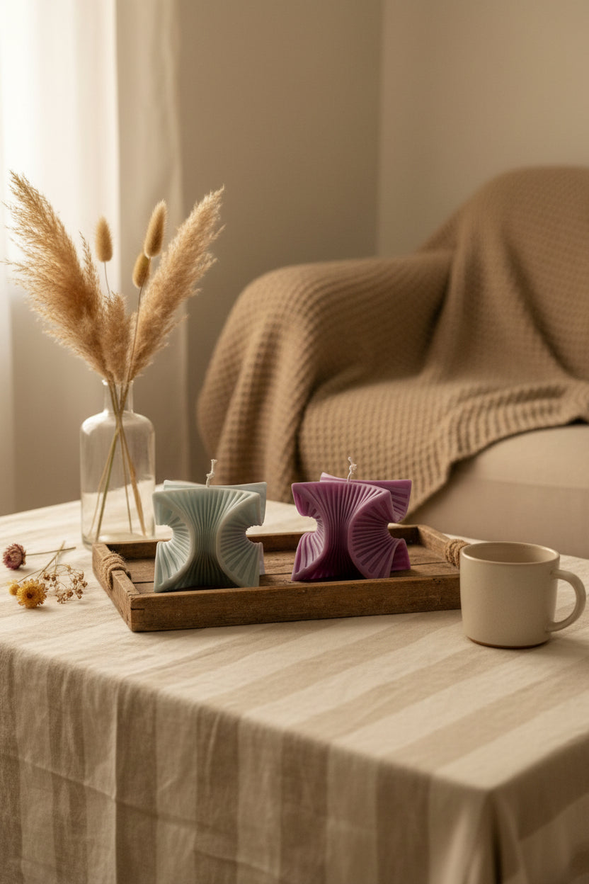 Sculptural Handmade Mahogany Oak Scented Soy Candle Purple