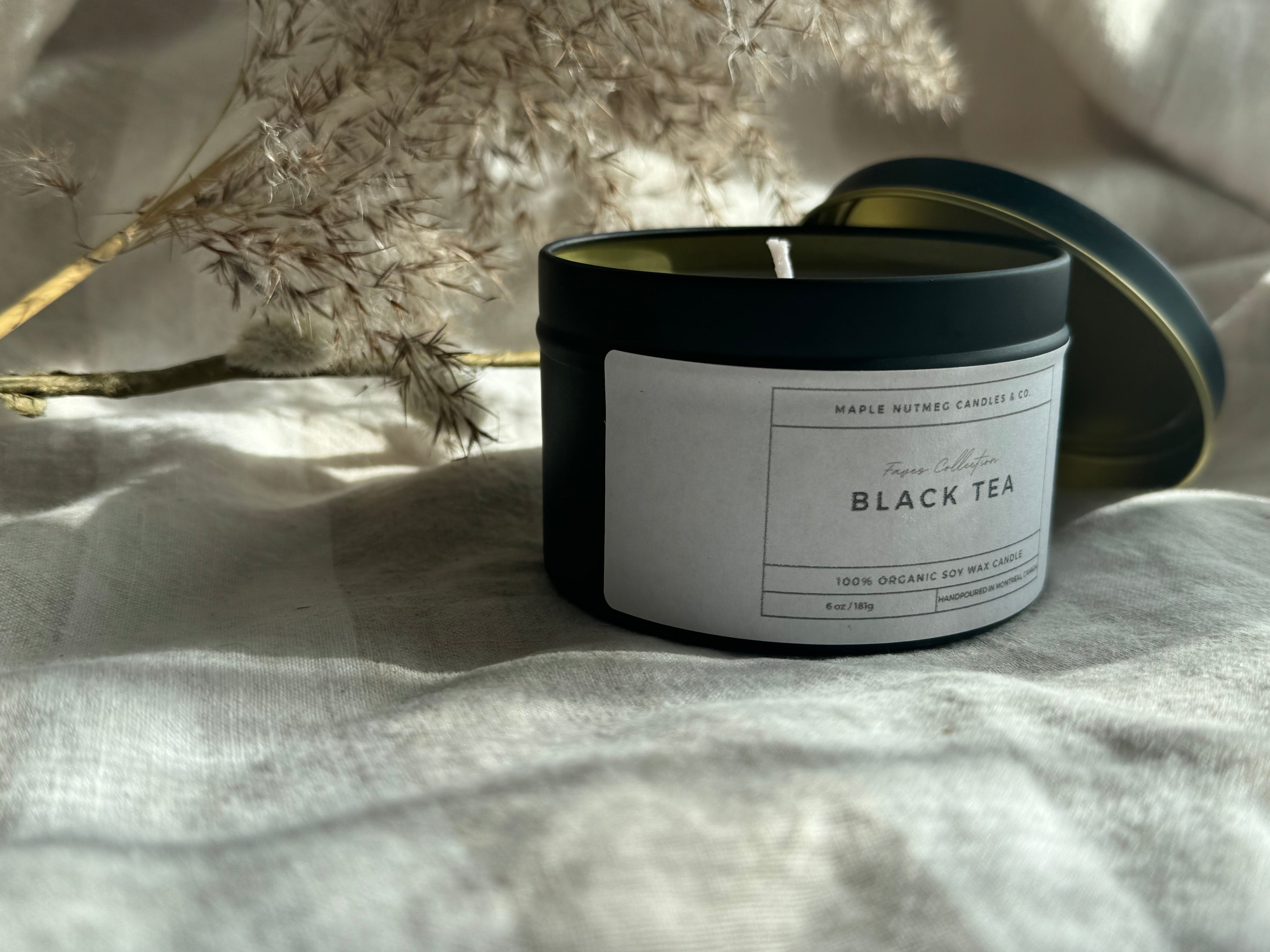 Brontë Handmade Black Tea Scented Soy Candle in Matte Black Metal Container