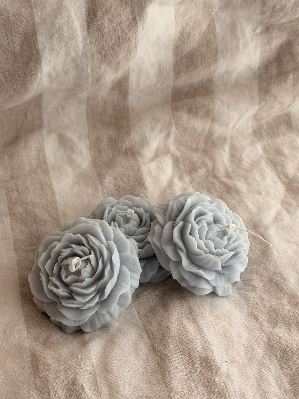 Peony Handmade Floral Soy Candle Light Blue Creamy Coconut & Eucalyptus Scented.
