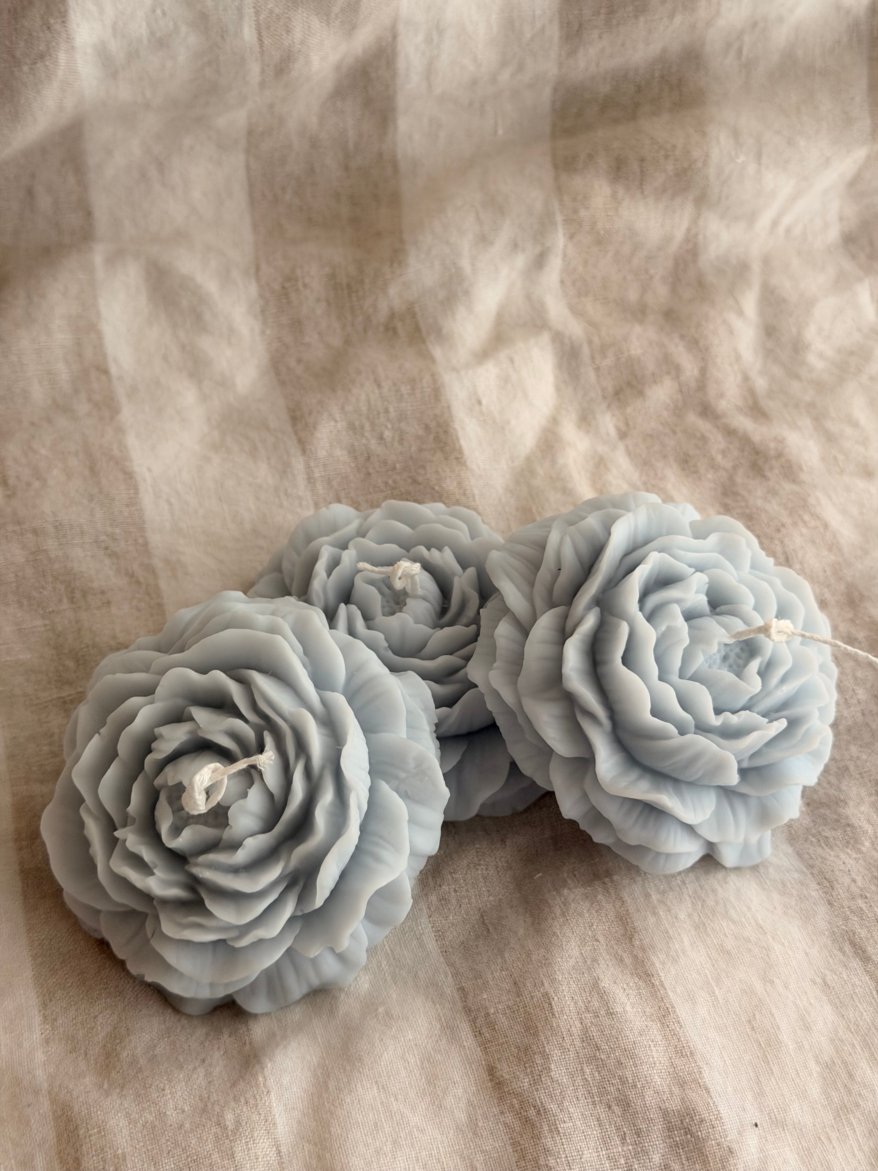 Peony Handmade Floral Soy Candle Light Blue Creamy Coconut & Eucalyptus Scented.