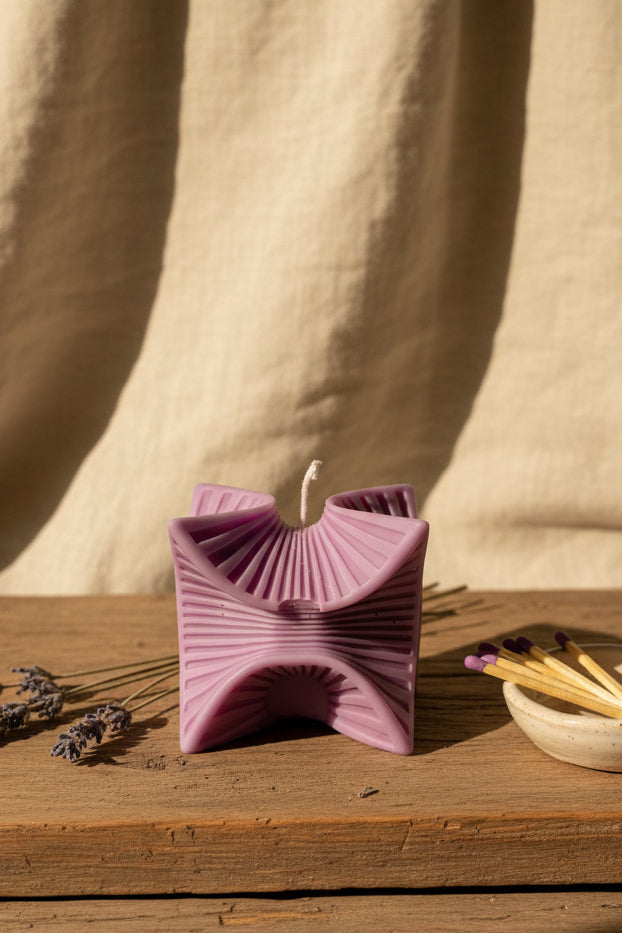 Sculptural Handmade Mahogany Oak Scented Soy Candle Purple