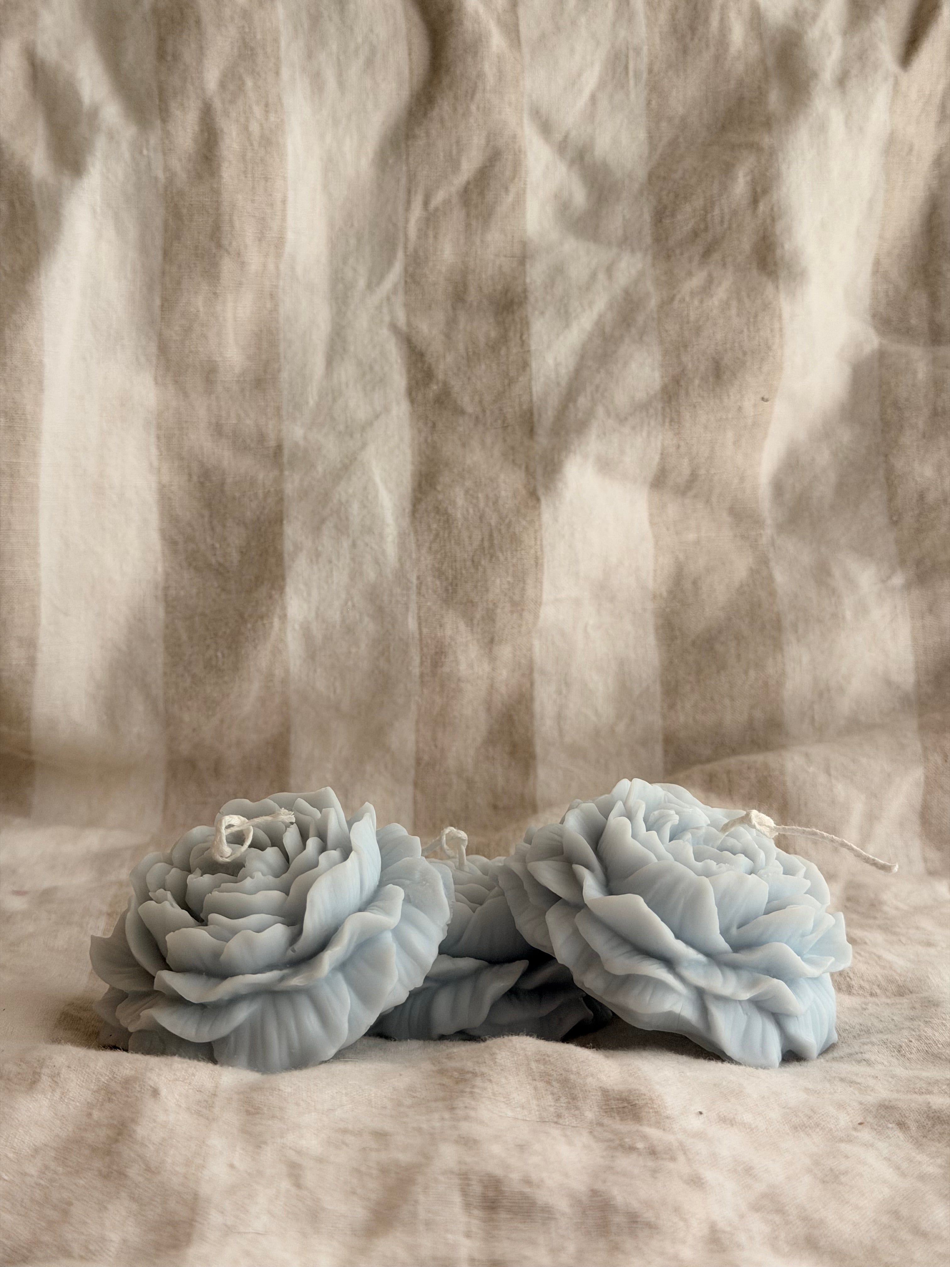 Peony Handmade Floral Soy Candle Light Blue Creamy Coconut & Eucalyptus Scented.
