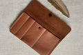 Brown leather wallet on a textured beige background