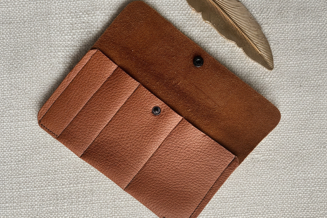Brown leather wallet on a textured beige background
