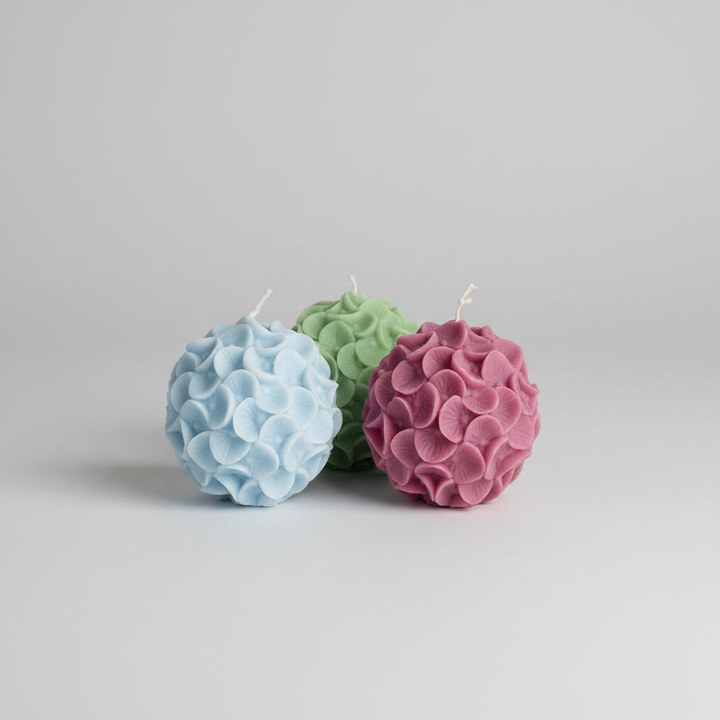 Three textured soy pillar candles in pink, green, and light blue on a white background